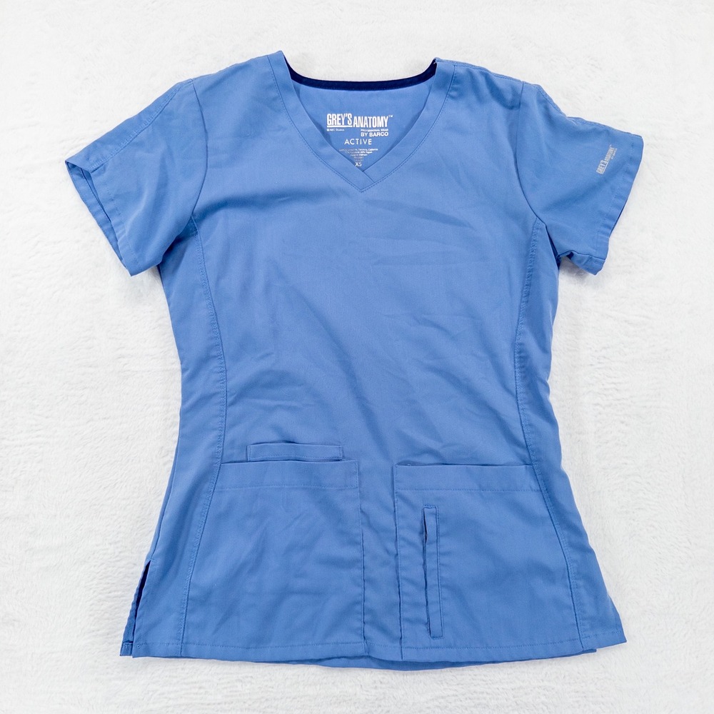 Greys Anatomy Womens Scrub Top XS Blue Active V-Neck Medical Workwear Pockets